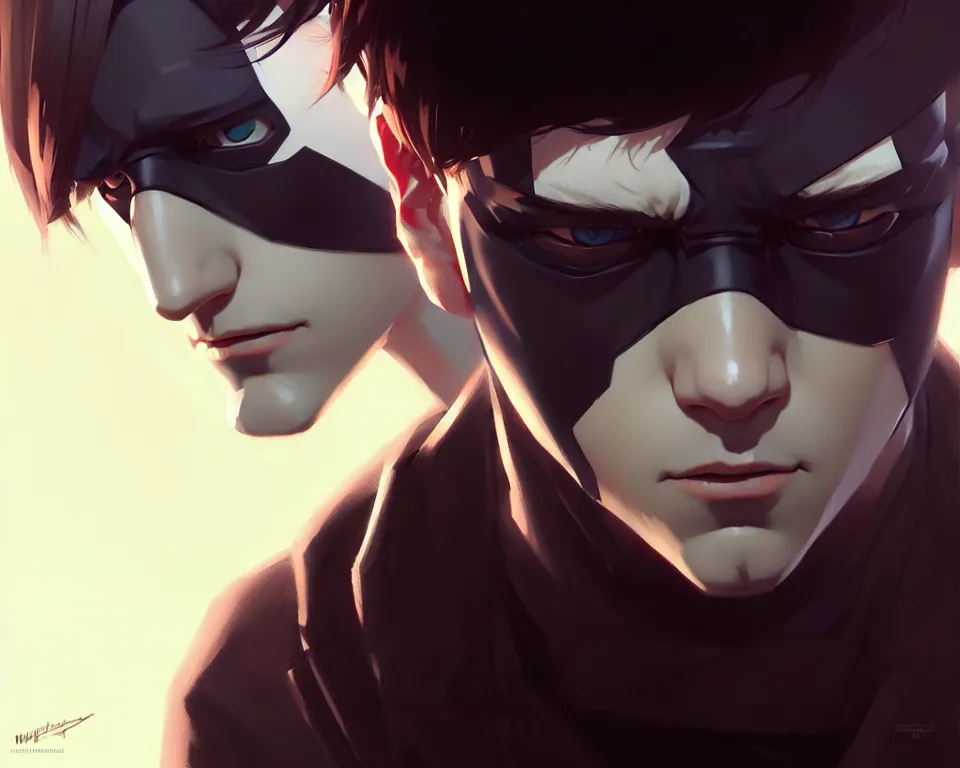 Image similar to half masked man, masterpiece portrait, highly detailed face, by ilya kuvshinov, greg rutkowski and makoto shinkai, trending on artstation