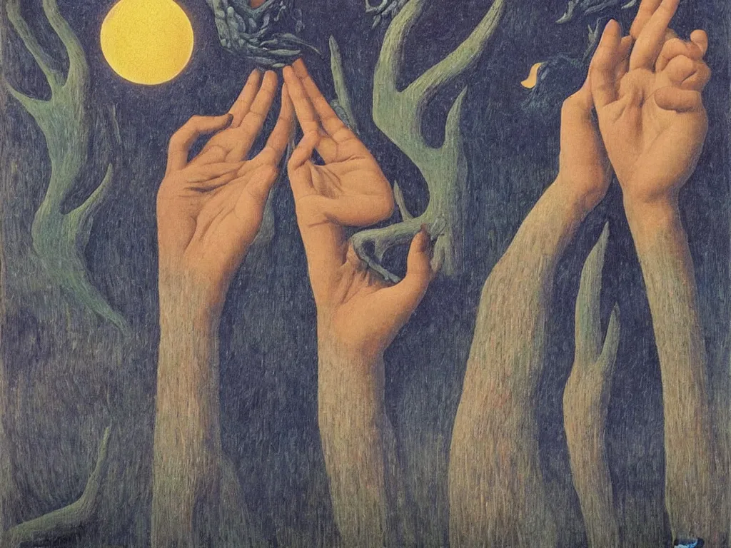 Prompt: Dreamless night, sweaty mountain, the antler people, African mask, acid rains, moon brain. Delicate hands holding the iris in front of the storm. Painting by Rene Magritte, Jean Delville, Max Ernst, Maria Sybilla Merian