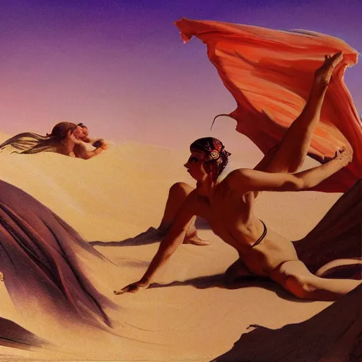 Image similar to Silk sheet desert ecstasy Bedouin under crimson azure diamond sky, in the style of Frank Frazetta, Jeff Easley, Caravaggio, extremely clear faces coherent, clear lines, 8K revolution