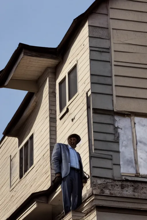 Prompt: A government man from Half-life stands on the balcony of a two-story panel house and watches