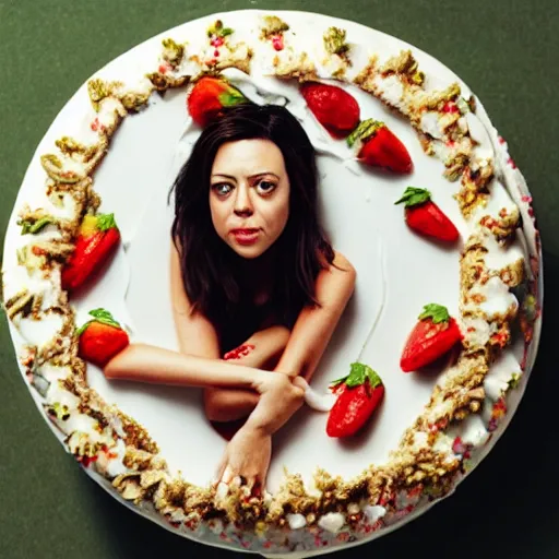 Prompt: aubrey plaza made of birthday cake : : highly detailed food photography : :