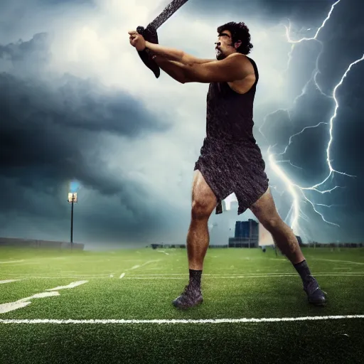 Prompt: Photo of the exact moment a greek demigod wields the most powerful sword in the planet and invokes a thunderstorm, full shot in a football field, 35mm, award-winning