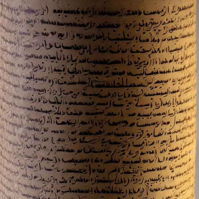 Image similar to a full realistic photo of a tall and thin cylindrical clay dead sea scroll jar with two sentences of nabatean aramaic, dark, brooding, atmospheric, volume lighting