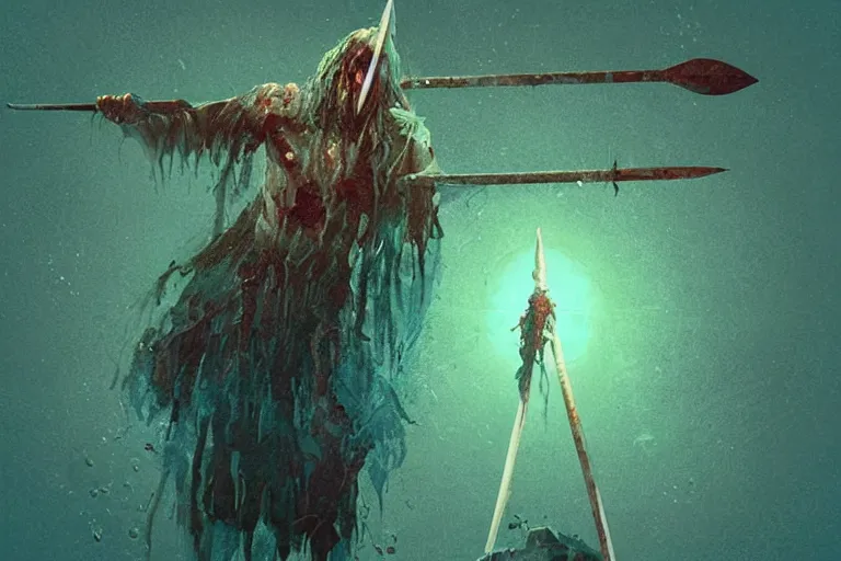 Image similar to low poly painting by greg rutkowski of a drowned zombie holding a trident with glowing cyan eyes, wearing ragged clothing, holding a trident, underwater, pastel green and blue color palette