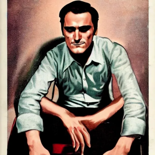 Prompt: “Joaquin Phoenix portrait, color vintage magazine illustration 1950”