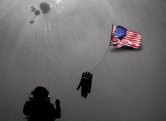 Image similar to astronaut underwater putting a flag in the sand of the bottom of the ocean. there is a submarine in the distance. dark, concept art, cinematic, dramatic, atmospheric, 8 k, trending on artstation, low visibility, fog, zack snyder