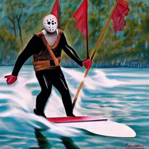 Image similar to jason voorhees water skiing on a lake, beautiful oil paining 1 9 6 5