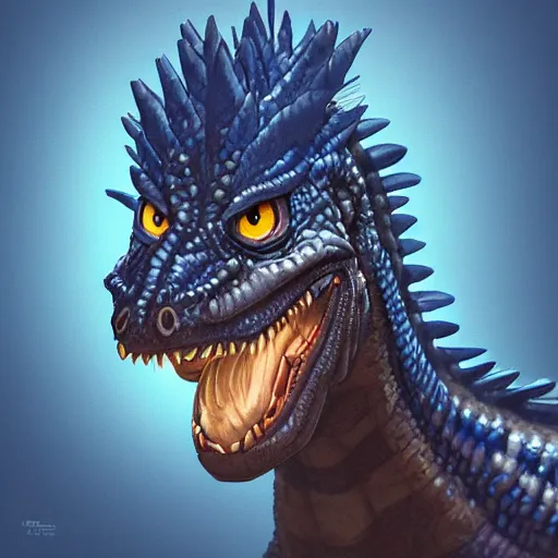 Image similar to portrait of an antropomorphic dilophosaurus creature, reptile face, dark blue scales, angry look, ready for battle, mattepainting concept blizzard pixar maya engine on cold night stylized background splash comics global illumination lighting artstation lois van baarle, ilya kuvshinov, rossdraws