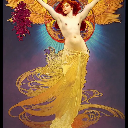 Image similar to a beautiful orchid phoenix angel woman, in an ornamented dress with large, volumetric light, god rays, 8 k high resolution, rubies, by alphonse mucha