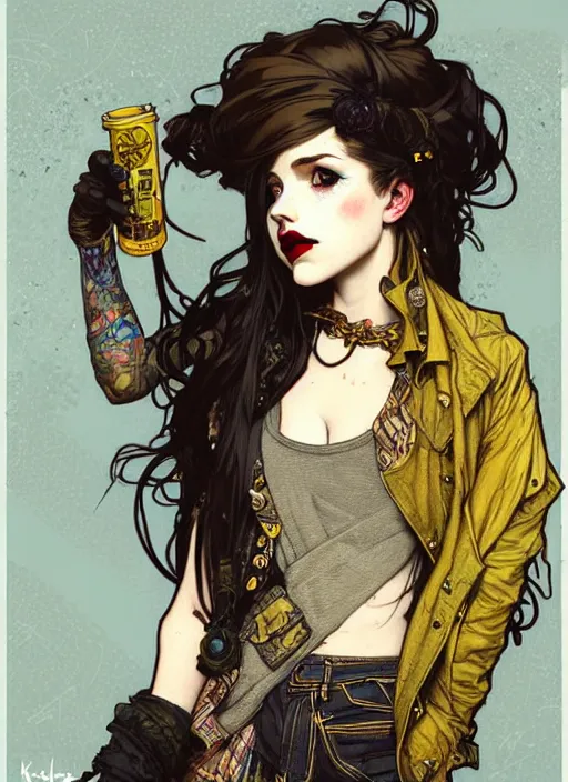 Image similar to highly detailed portrait of a moody sewerpunk young adult lady with a harris tweed holdy by greg tocchini, by krenz cushart, by alphonse mucha, by kaethe butcher, gradient yellow, black, brown and cyan color scheme, grunge aesthetic!!! ( ( graffiti tag city background ) )