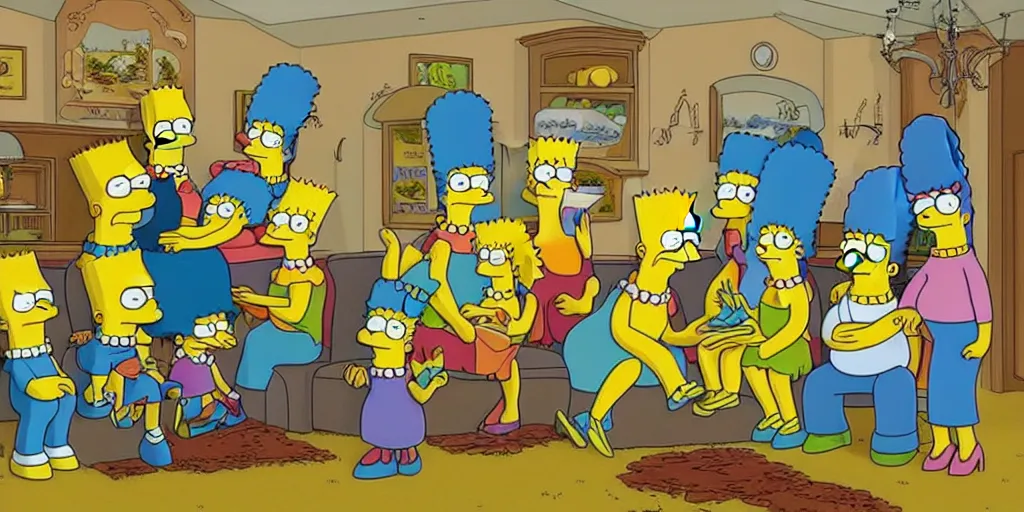 Image similar to the simpsons in a house made of lemons, they all have really long legs, smurfs