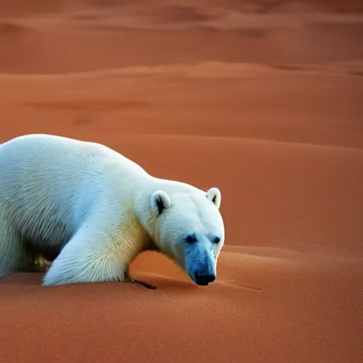 Prompt: multicolor photo of polar bear sits in the sahara desert by steve mccurry created at modern world in 4 k ultra high resolution and with medium shot, with funny feeling