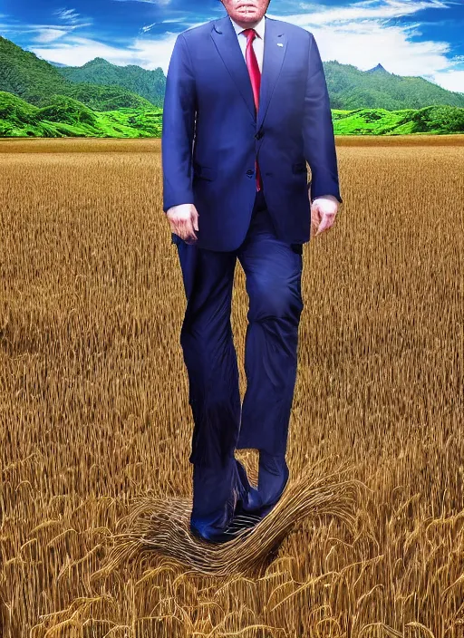 Prompt: a full body digital portrait of a person looking like donald trump working in rice field in mountains, hot sun, by chinese artists, render, photo realism - n 9