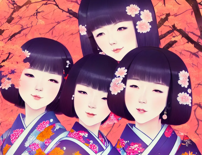 Image similar to two beautiful charming japan girls wear arty kimono in festival | | sunny night, full moon, dreamlike art, realistic shaded, smile, good looking, hyper details, 4 k realistic, cryengine, realistic shaded lighting poster by ilya kuvshinov, fuji choko, ross tran, 8 k resolution, trending on artstation, luxury