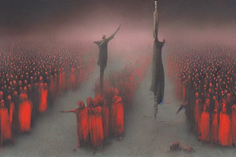 Image similar to parade of priest holding red glowing banners as protection from zombies infestation, gloomy, epic, digitally painted by beksinski, centered, golden ratio
