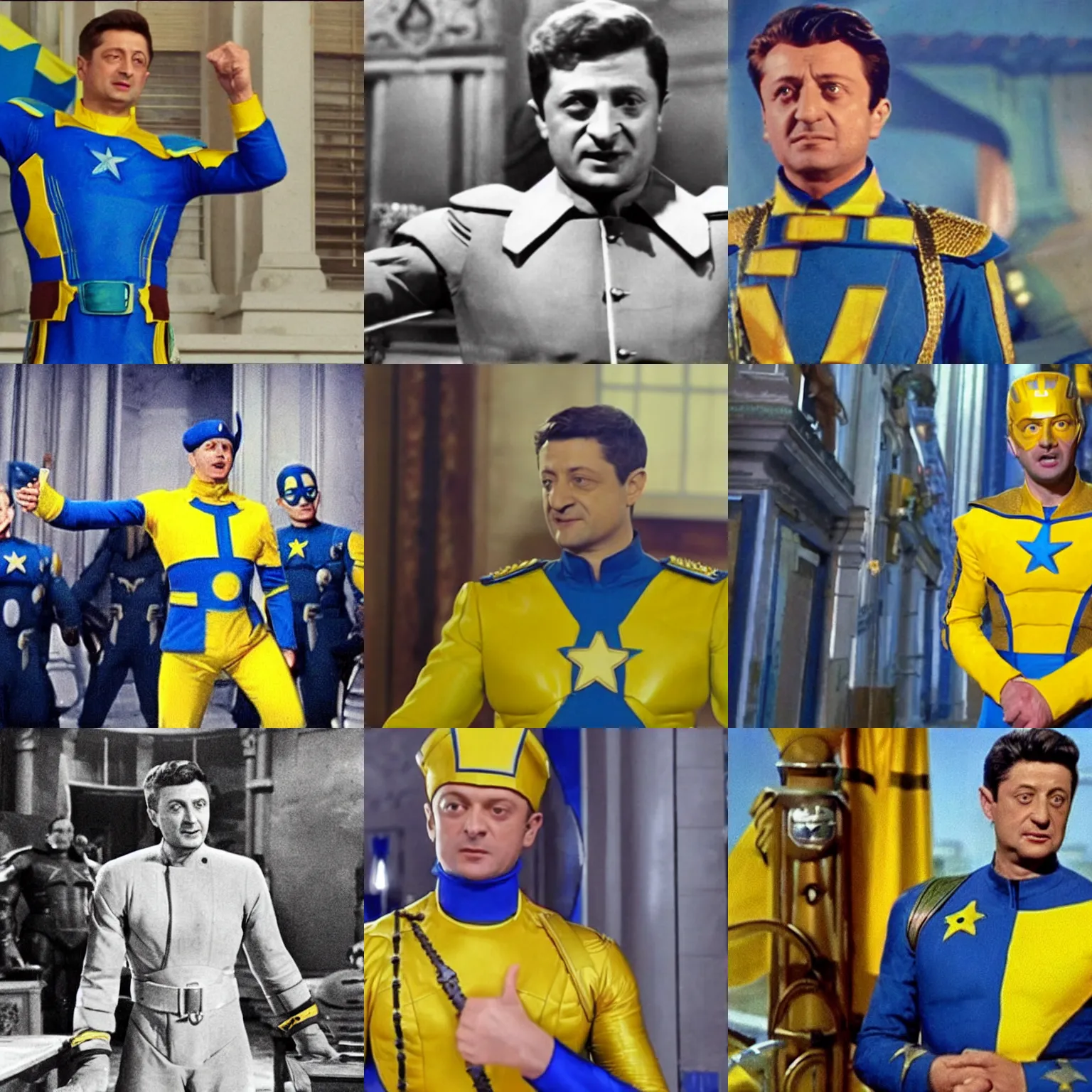 Prompt: Zelensky as Captain Ukraine, dressed in yellow and blue, film still from The Avengers