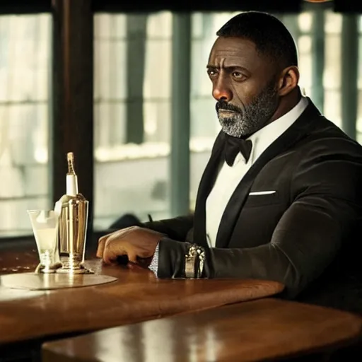 Image similar to film still of Idris Elba at a bar drinking a martini as James Bond