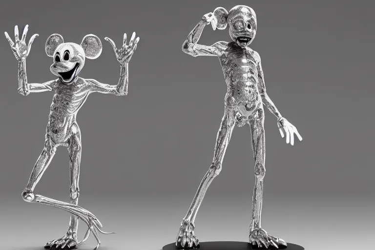 Image similar to stylized shiny polished silver statue full body extra limbs bizarre cosmic horror demonic demon made of marble of disney character mickey mouse, perfect symmetrical body, perfect symmetrical face, hyper realistic, hyper detailed, by johannen voss, by michelangelo, octane render, blender, 8 k, displayed in pure white studio room