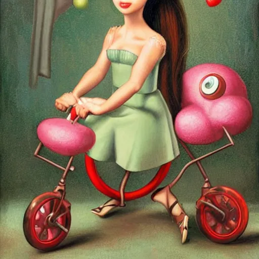 Image similar to ariana grande on a tricycle, lowbrow painting by mark ryden