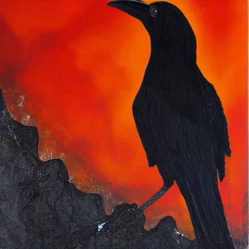 Prompt: a crow completely on fire, in a dark cave, detailed acrylic painting, 4 k