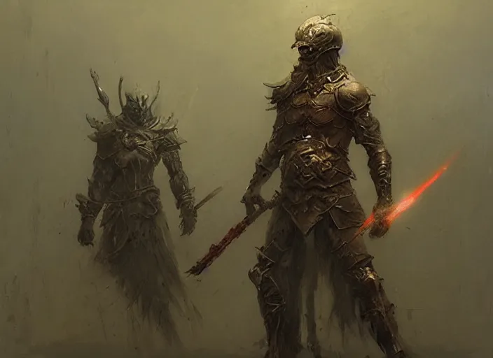 Prompt: warrior concept, beksinski, age of sigma art, ruan jia, dark soul armor concept