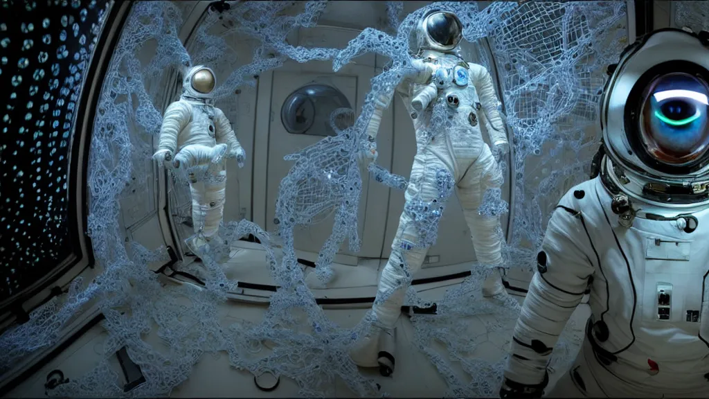 Image similar to a cybernetic symbiosis of a single astronaut eva suit infected with diamond 3d fractal lace iridescent bubble 3d skin covered with insectoid compound eye camera lenses floats through the living room, film still from the movie directed by Denis Villeneuve with art direction by Salvador Dalí, wide lens,