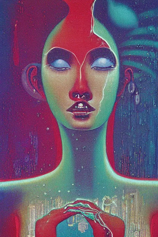 Image similar to 8 0 s art deco close up portait of miss of the world, rain like a dream oil painting curvalinear clothing cinematic dramatic cyberpunk textural fluid lines otherworldly vaporwave interesting details fantasy lut epic composition by basquiat zdzisław beksinski james jean artgerm rutkowski moebius francis bacon gustav klimt