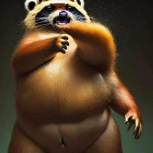 Prompt: ultra realistic horror photo of a dimly lit a tanuki as a sumo ringer, yokozuna, very intricate details, focus, full frame image, curvy, model pose, artwork by tooth wu and wlop and greg rutkowski, award winning