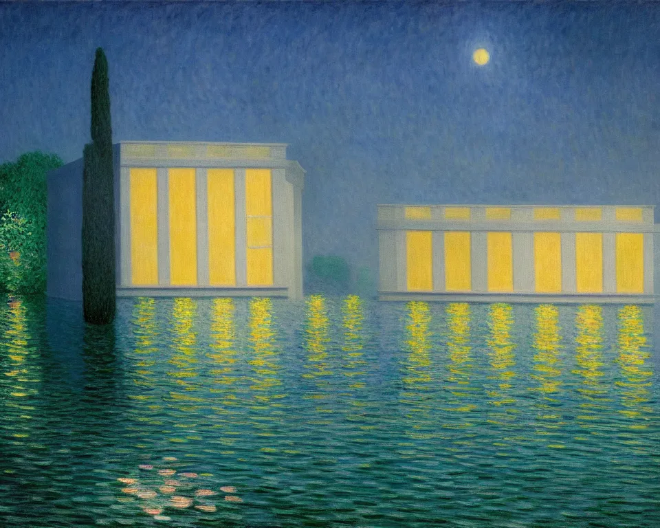 Image similar to achingly beautiful painting of a sophisticated, well - decorated pool house at night by rene magritte, monet, and turner.