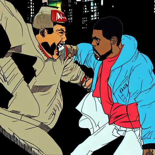 Image similar to Kanye West beating up Pete Davidson in Akira (1988), detailed, illustration, 8K concept art, cel shaded