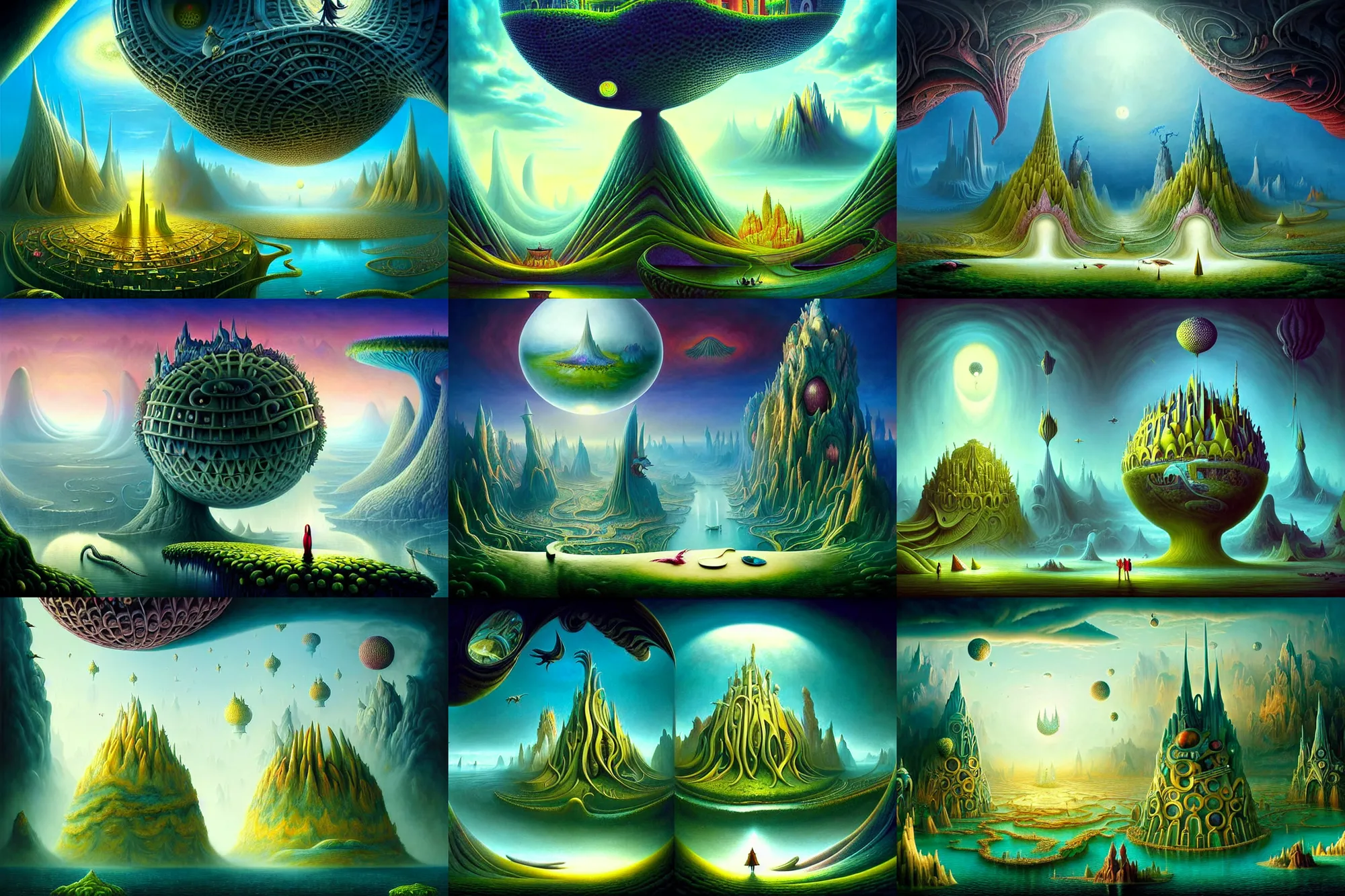 Prompt: a beautiful epic stunning amazing and insanely detailed matte painting of alien dream worlds with surreal architecture designed by Heironymous Bosch, mega structures inspired by Heironymous Bosch's Garden of Earthly Delights, vast surreal landscape and horizon by Cyril Rolando and Andrew Ferez, rich pastel color palette, masterpiece!!, grand!, imaginative!!!, whimsical!!, epic scale, intricate details, sense of awe, elite, fantasy realism, complex composition, 4k, 8k, HD, wallpaper, octane render, artstation, fractals