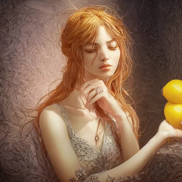 Image similar to the portrait of one sensual lemon personified as an absurdly beautiful, graceful, elegant, sophisticated, young woman made, an ultrafine hyperdetailed illustration by kim jung gi, irakli nadar, intricate linework, bright colors, octopath traveler, final fantasy, unreal engine 5 highly rendered, global illumination, radiant light, detailed and intricate environment