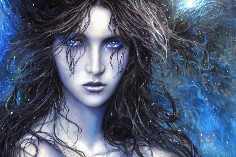 Prompt: masterpiece goddess of sorrow portrait, 3 0 years woman, melancholic face, long hair, digital painting by louis royo and julie bell, dark tenebrous blue background, antic temple background, cinematic light, aura effect, some chaotic sparkles, wind, unreal engine, artstation, deviantart, pinterest