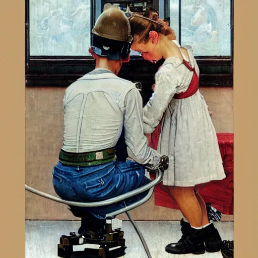 Image similar to a Norman Rockwell painting of a girl fixing her robot
