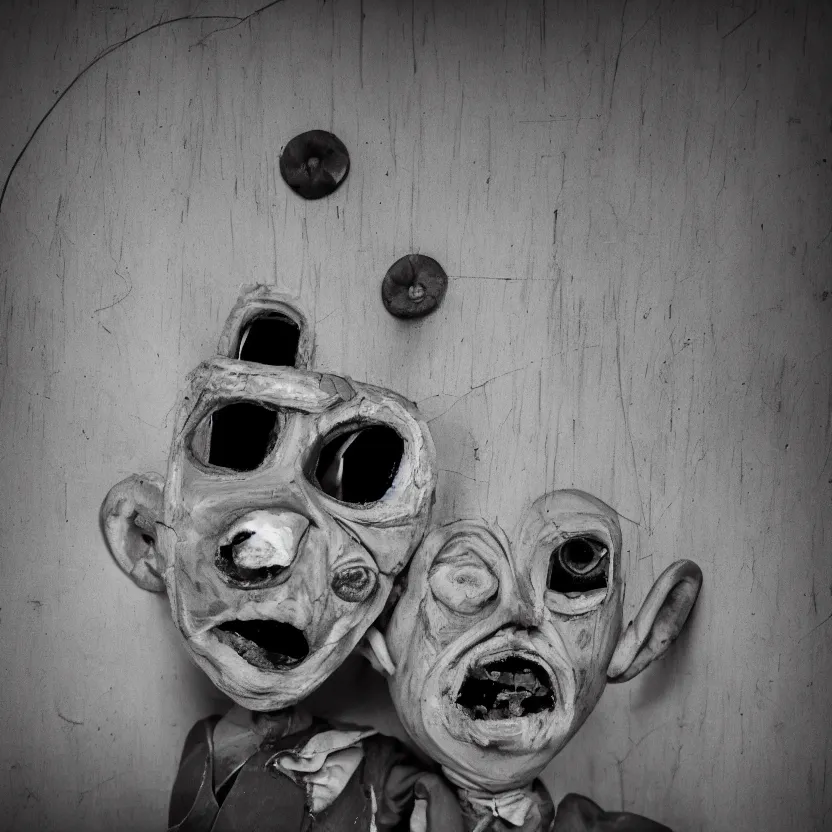 Image similar to creepy ventriloquist dummy in the style of roger ballen, 4 k, bw, portrait