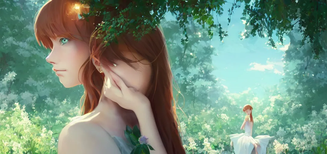 Image similar to a beautiful southern woman named Savannah, innocent, somber turquoise eyes, freckles, long ginger hair tied with white ribbon, sad under a wisteria plant, gentle lighting, storm in the distance, simple dress, digital art by Makoto Shinkai ilya kuvshinov and Wojtek Fus, digital art, concept art,