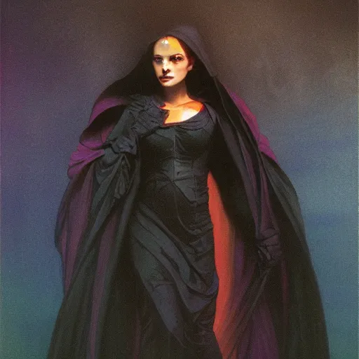 Image similar to concept art painting of beautiful figure the called the moonbow queen in a black cloak, a rainbow in the dark, colorful, by Michael Whelan, William Adolphe Bouguereau, and Donato Giancola, highly rendered, beautiful, cyberpunk, artstation, extremely moody lighting, glowing light and shadow, atmospheric, shadowy, cinematic, 8K