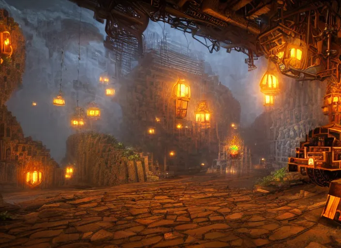 Image similar to minecart track in a magical mine illustration. steam punk fantasy, dramatic lighting, 8 k, sharp focus, global illumination, unreal engine, detailed and intricate environment