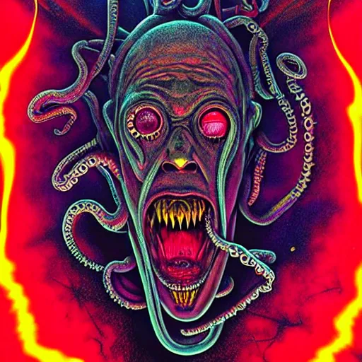 Prompt: horror poster 9 0 s, cosmic horror, abstract, gnarly, showing teeth, screaming, tentacles, laser, ghostly, arcade, duotone, poltergeist, lets get weird, intricate, elegant, highly detailed, digital painting, artstation, smooth, sharp focus, art by mondo, julian del rey and greg rutkowski, david la chapelle