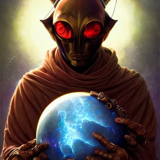 Image similar to masked nomad male wearing a cloak on an alien world and holding a holographic planet projection in his hand, detailed, sci - fi, digital painting, artstation, sharp focus, illustration, ominous, artgerm, tomasz alen kopera, peter mohrbacher, donato giancola, joseph christian leyendecker, wlop, frank frazetta