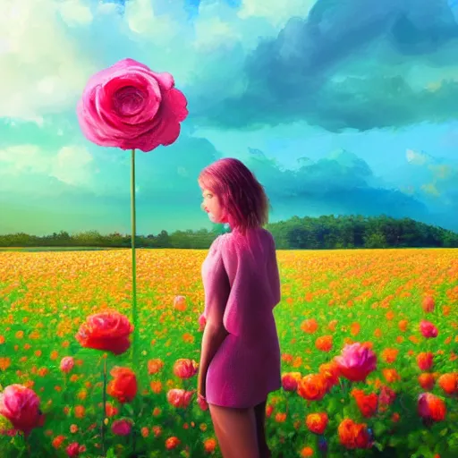 Image similar to giant rose flower head, full body girl standing in a flower field, surreal photography, sunrise, dramatic light, impressionist painting, colorful clouds, digital painting, artstation, simon stalenhag