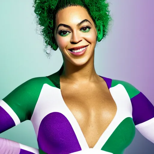 Image similar to Singer Beyoncé with green skin and dark green hair, wearing a white leotard with two purple vertical stripes, green skinned, wearing purple and white fingerless gloves, wearing purple and white sneakers, mini skirt, smiling, detailed legs, hyperreal, surreal, bokeh, tilt shift photography, green arms, green legs, green face,