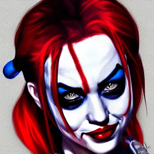 Prompt: Harley Quinn Portrait, digital painting, photorealistic, trending on ArtStation