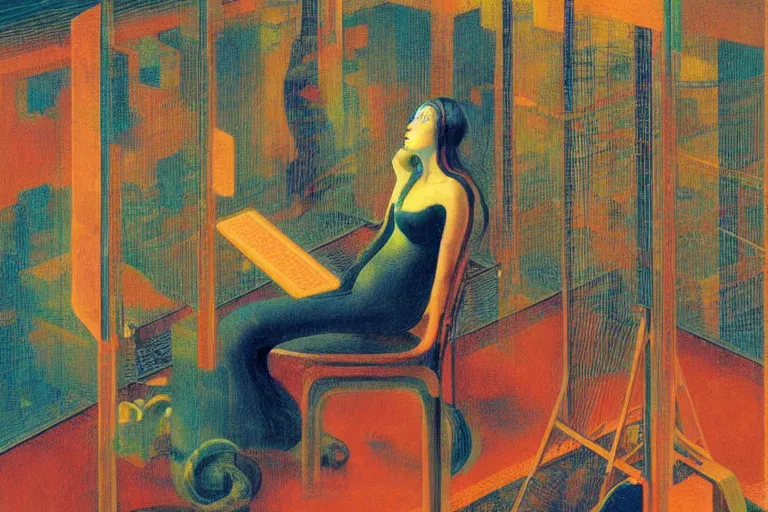 Image similar to realistic portrait of an engineer woman programming the samsara holy cluster, fine portrait, concept art, stunning, visionary, by brecht evens, by jean delville, by francis bacon