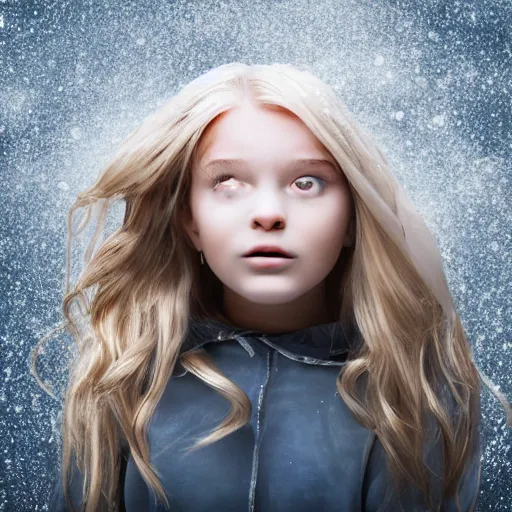 Image similar to young girl with long blonde hair jumped up and froze in the white room, photorealistic