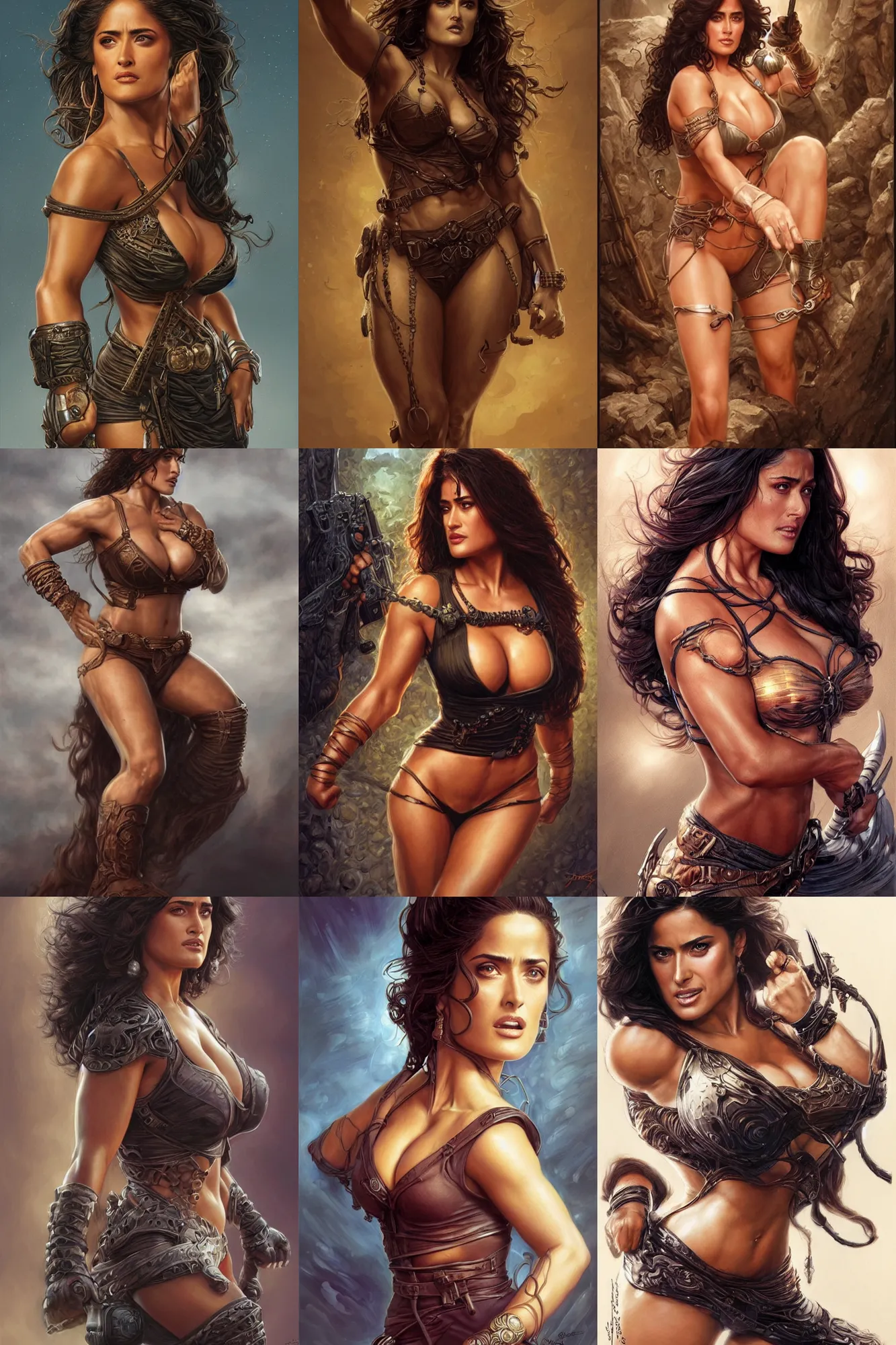 Prompt: muscled Salma Hayek as a ruggedly handsome heroine, intricate, elegant, highly detailed, centered, digital painting, artstation, concept art, smooth, sharp focus, illustration, art by artgerm and donato giancola and Joseph Christian Leyendecker, Ross Tran, WLOP