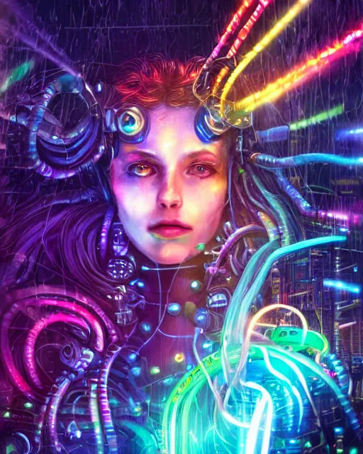 Image similar to a cyberpunk close up portrait of enchanting cyborg medusa, electricity, rainbow, snakes in hair, sparks, bokeh, soft focus, sparkling, glisten, water drops, cold, dark, geometric, temples behind her, by paul lehr, jesper ejsing