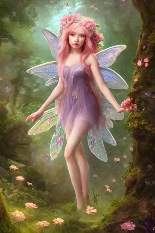 Image similar to a cute and geogerous fairy in the dreamy forest, fantasy, dreamlike, 8 k resolution, hyper detailed, d & d, character design, digital painting, trending on artstation, sharp focus, illustration, art by viktoria gavrilenko, hoang lap, fuji choko, steve zheng,