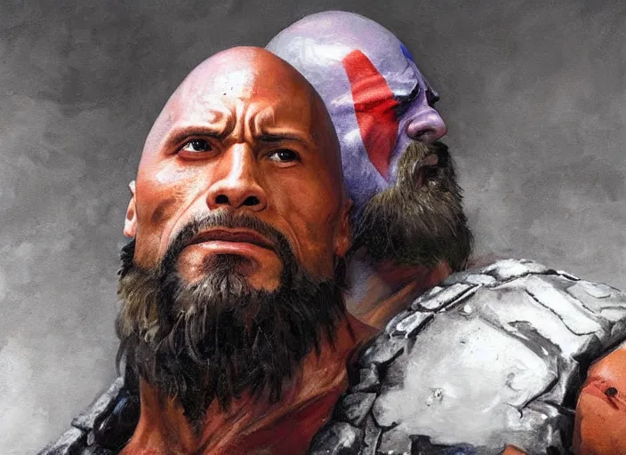 Prompt: a highly detailed beautiful portrait of dwayne johnson as kratos symmetric!!!!!, by gregory manchess, james gurney, james jean