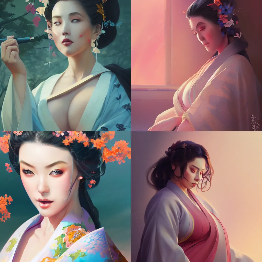 Prompt: matte painting of a beautiful and voluptuous woman in a kimono, artstation painting, global light, by viktoria gavrilenko, rossdraws, sam yang